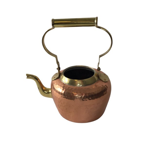 Copper Tea Kettle Gold Brass Handle Antique Vtg